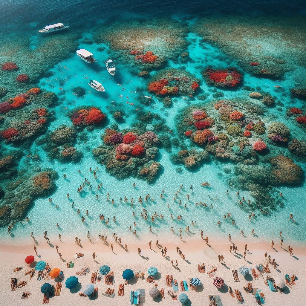 Una playa donde se ven personas, en el fondo del océano se ven corales de distintos colores y algunos barcos